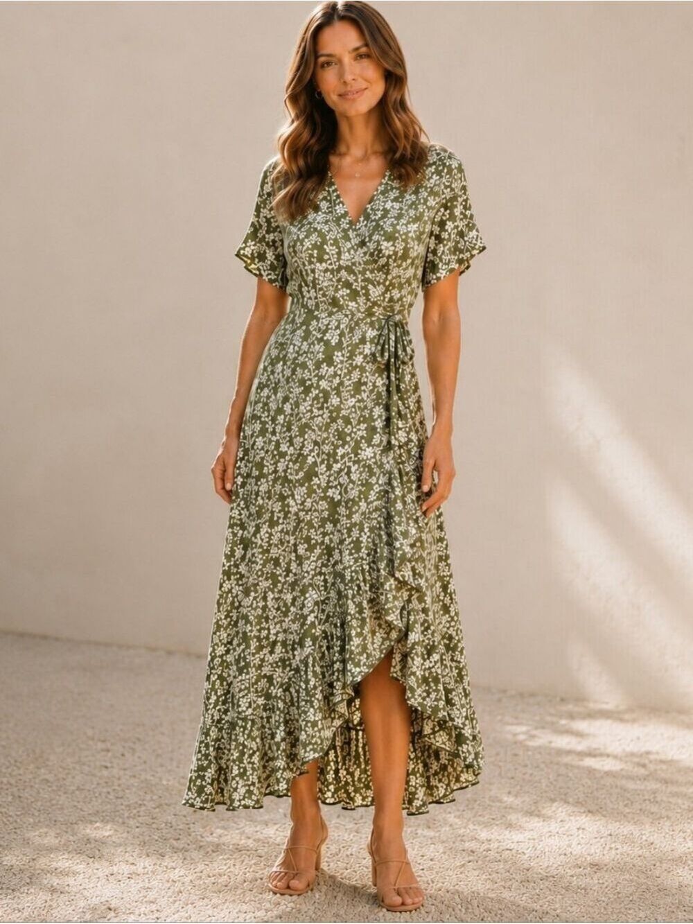GREEN AND WHITE GARDEN PARTY WEDDING GUEST WRAP DRESS RUFFLE BOTTOM MEDIUM